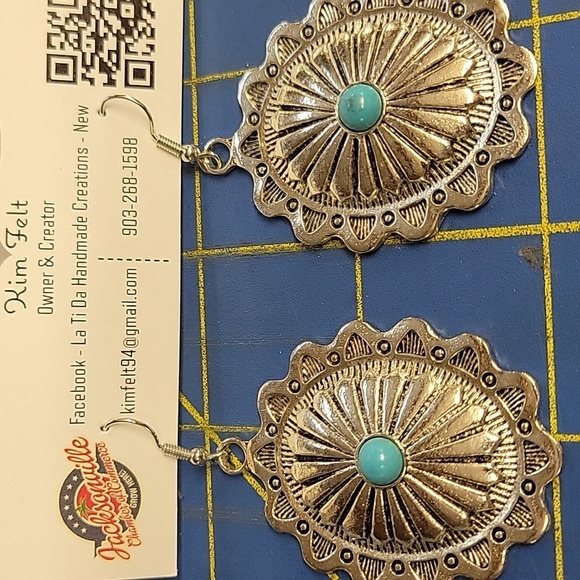 Silver Tone Turquoise Faux 2" Earrings - Picture 1 of 2